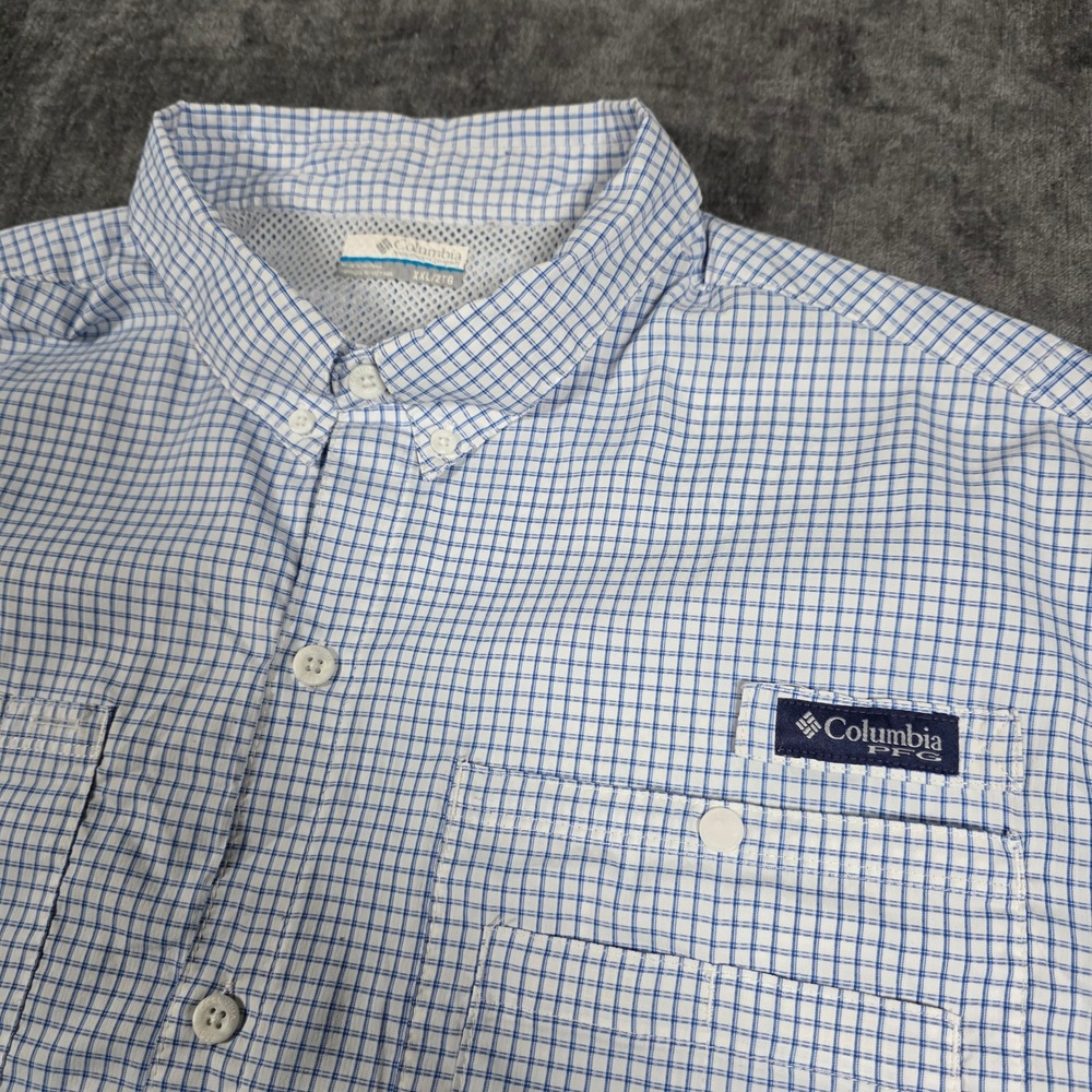 Columbia PFG Mens XXL 2XL Blue White Check Short Sleeve Vented Fishing Shirt